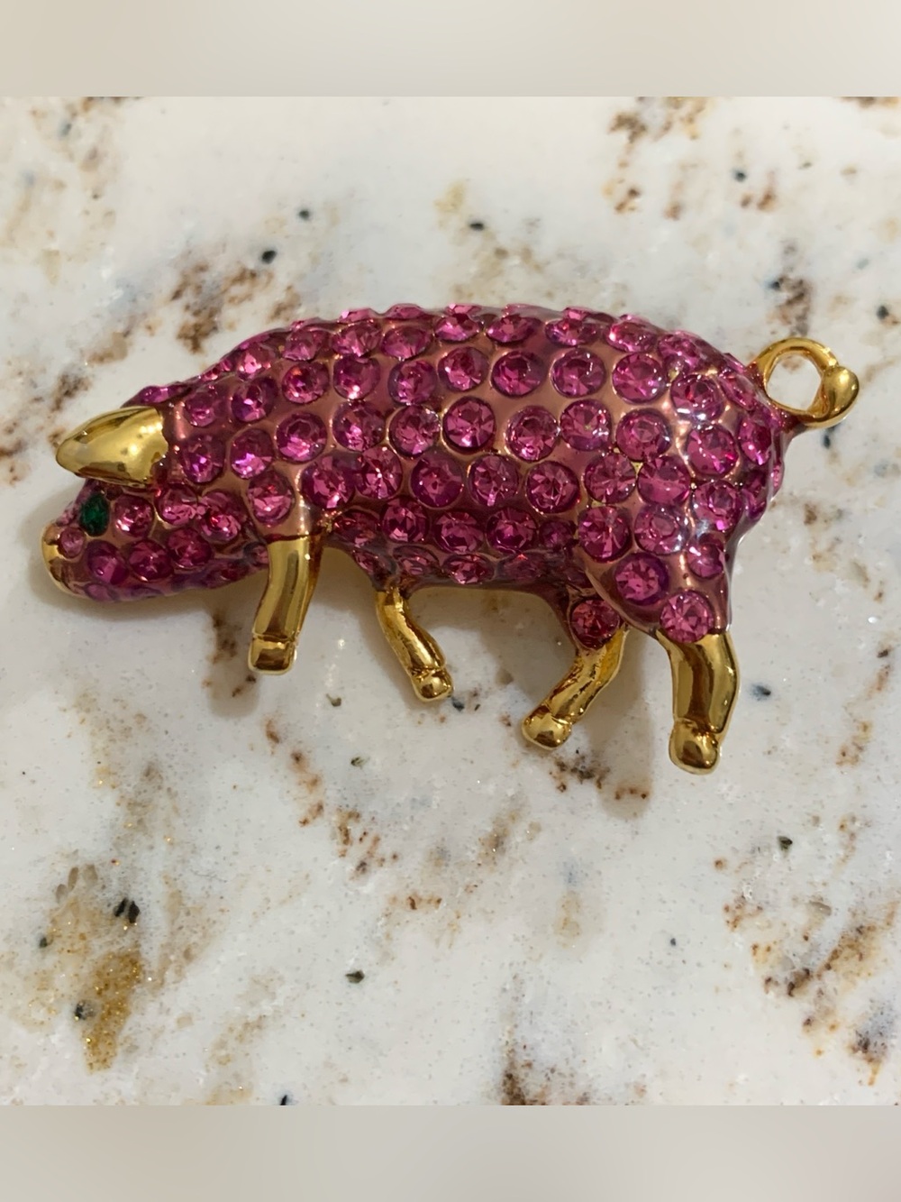 Pink Rhinestone Pig Brooch Pendant Gold Tone Figural Pin Green Eye Vintage